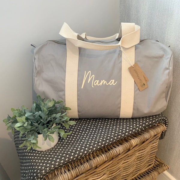 Personalised Organic Cotton Mama Hospital Bag Barrell Bag Weekend Bag MummyBag Day Bag Baby Shower Mother’s Day Gift New Baby Gym Bag