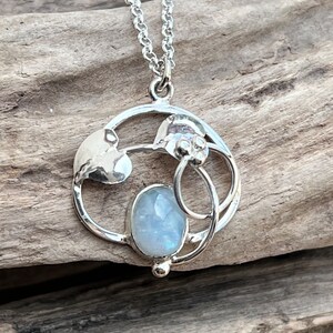 9x7mm blue moonstone solid sterling silver 2 leaf pendant and chain