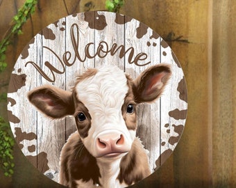 12in Metal Round Sign: Welcome Brown Calf