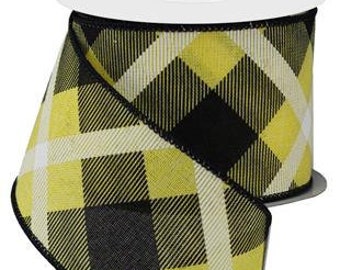 2.5" Printed Plaid Ribbon: Yellow, Black, White