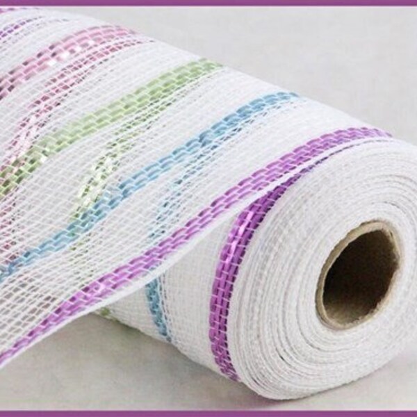 10.5in Poly Jute Matte Stripe Mesh: Metallic Pastel Stripes (10 Yards)