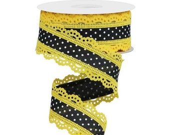 1.5in Swiss Dots Lace Edge Ribbon: Black/Yellow (10 Yards)