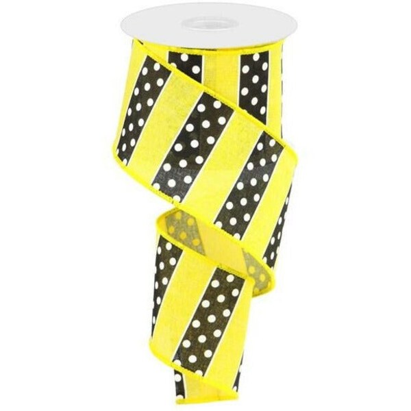 2.5in B & W Polka Dot Stripes Ribbon: Sun Yellow (10 Yards)