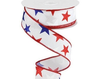 1.5in White Royal Canvas Ribbon: Patriotic Stars (10 Yards)