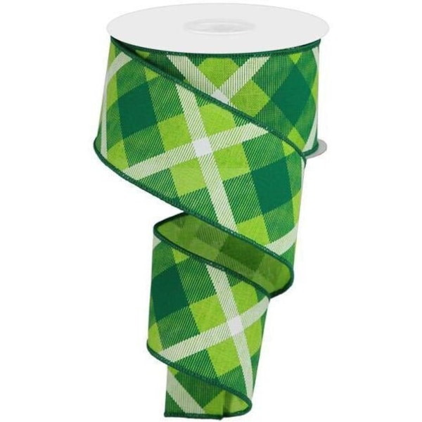 2.5in Printed Plaid Ribbon: Lime Green, Green, White (10 Yards)