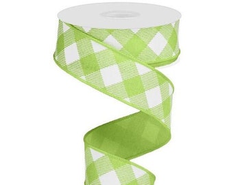 1.5in Diagonal Check On Royal Ribbon: Bright Green & White (10 Yards)