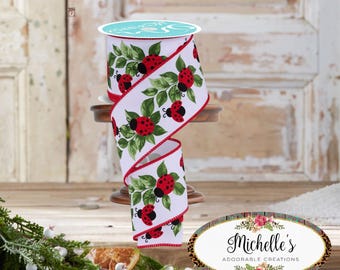 2.5in Ladybug and Leaves Ribbon: White (10 Yards)