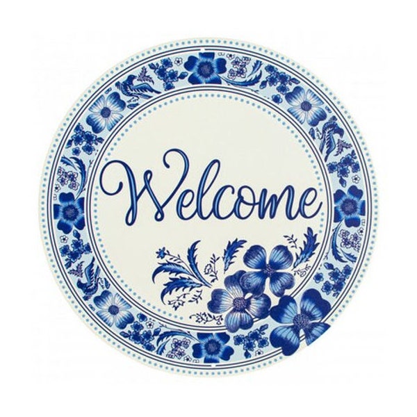 8in Metal Round Sign: Welcome Blue Floral