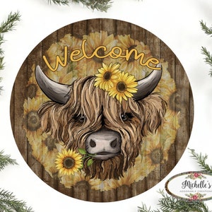 Cartello rotondo di benvenuto con girasole Highland Cow - Decorazione per ghirlande