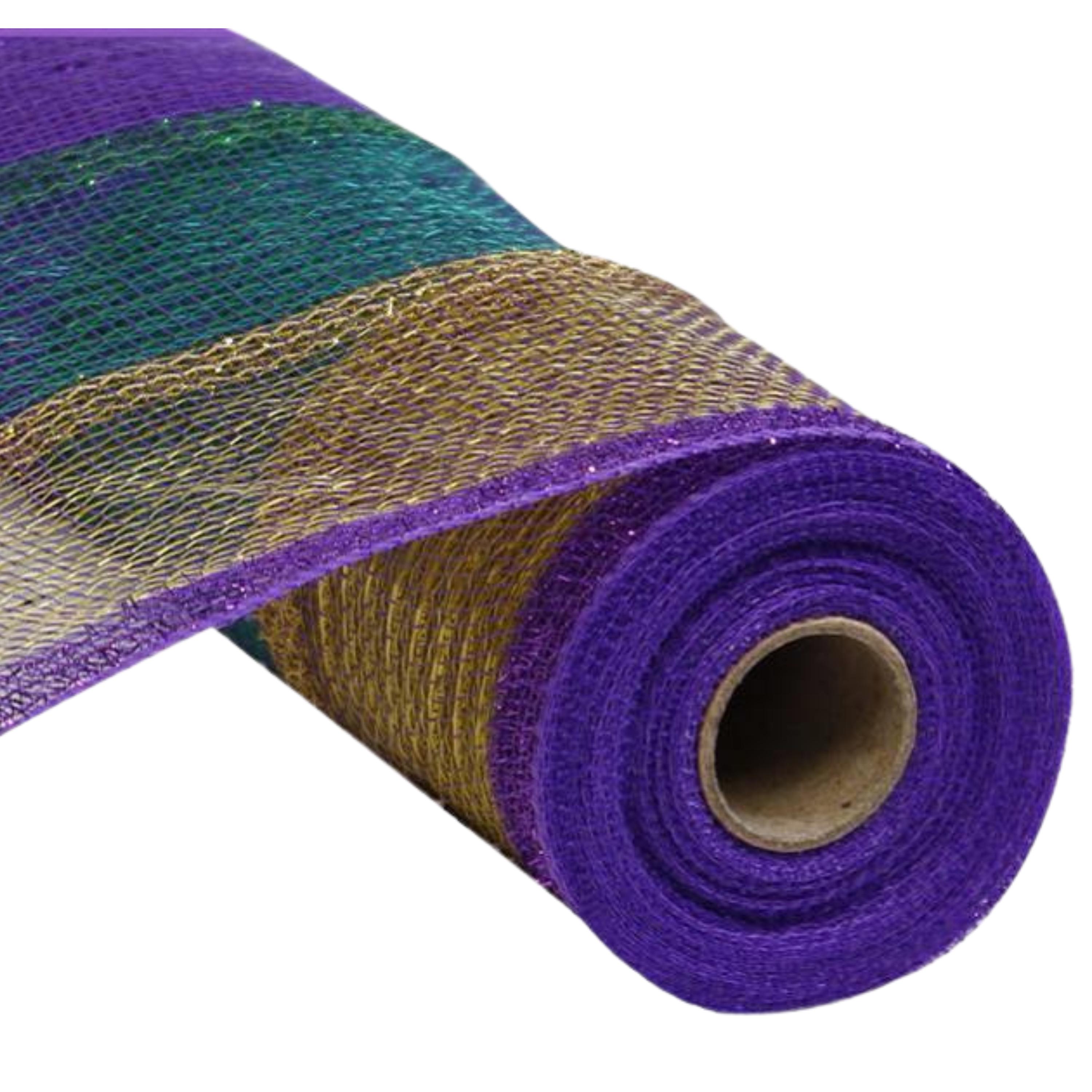 10.25in Poly Deco Tinsel Mesh Ribbon: Mardi Gras Stripe (10 Yards)