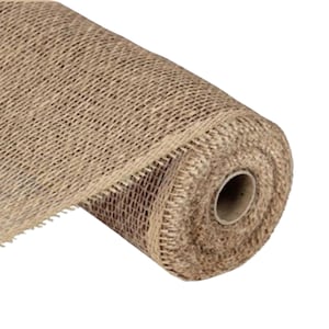 May include: A roll of natural burlap mesh, ideal for crafting and decorating. The mesh is a light brown color and has a woven texture. The roll is tightly wound, showing the inner cardboard core. The edges are neatly cut, ready for use in various DIY projects.