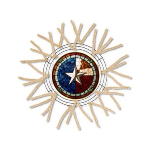 May include: A wreath with a Texas flag design in the center. The wreath is made of tan, fluffy material and is surrounded by a wire frame.