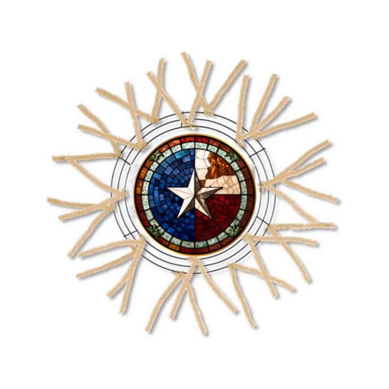 May include: A wreath with a Texas flag design in the center. The wreath is made of tan, fluffy material and is surrounded by a wire frame.
