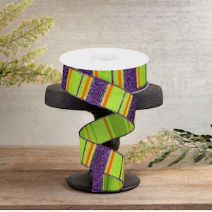 1.5in Glitter Stripes on Royal Ribbon: Lime Green, Purple & Orange (10 Yards)