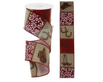 2.5in Cowboy Blocks Bandana Ribbon: Beige  (10 Yards)