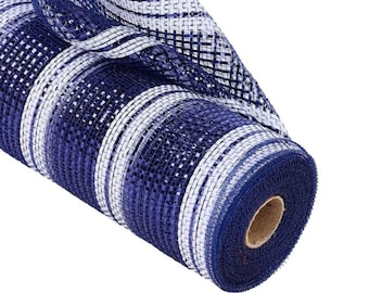 Malla de rayas gruesas de 25 cm de ancho con acabado metalizado: Azul marino/Blanco (9 metros)