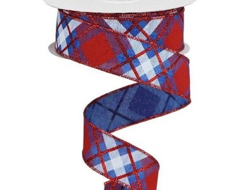 1.5in Glitter Plaid Royal Ribbon: Royal Blue, Red & White (10 Yards)