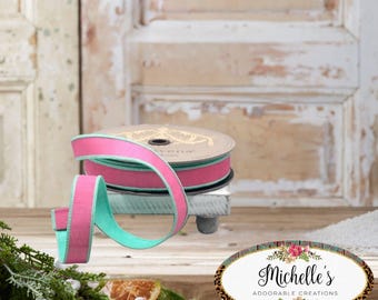 1in Double Sided Dupion Ribbon: Pink-Aqua (25 Yards)