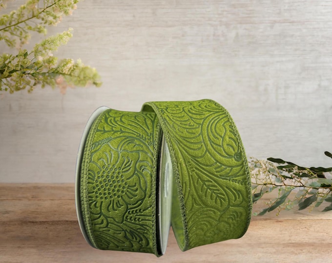 1.5in Flower Embossed Ribbon: Moss Green (10 Yards) - Etsy