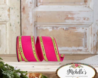 2.5 inch Sequin Trimmed Dupioni Ribbon: Lime/Pink (5 Yards)