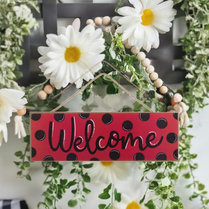 15in Wooden Sign: Welcome Red, Black Dots - Etsy
