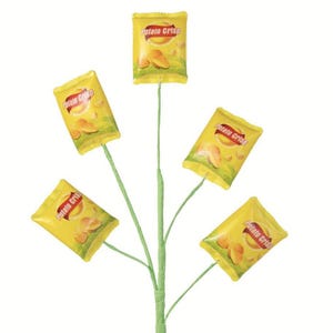 Może przedstawiać: Kapryśna aranżacja przypominająca roślinę, z pięcioma żółtymi torebkami chipsów ziemniaczanych przymocowanymi do zielonych łodyg. Każda torebka zawiera napis "Potato Crisps" i obraz chipsów.