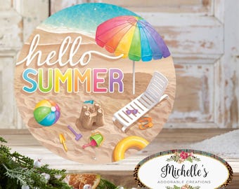 12in Metal Round Sign: Hello Summer Beach