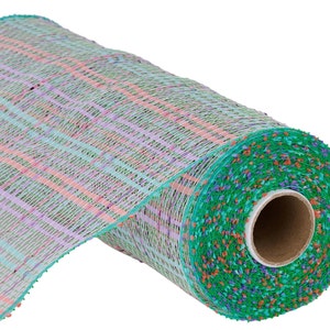 May include: A roll of green, pink, and purple plaid mesh ribbon with colorful confetti dots. The ribbon is 10 inches wide and is perfect for crafting and decorating.