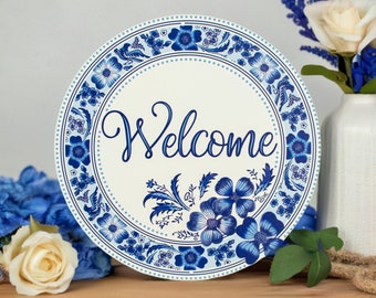 8in Metal Round Sign: Welcome Blue Floral