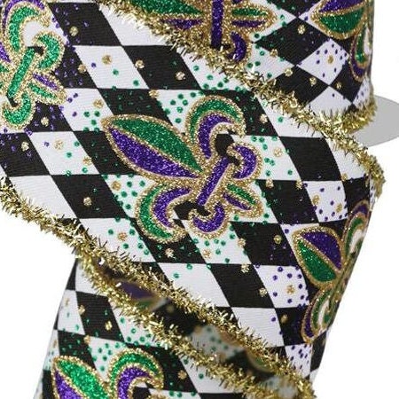 2.5 Fleur De Lis Harlequin Ribbon: Mardi Gras (10 Yards) RGE1703 –  Michelle's aDOORable Creations