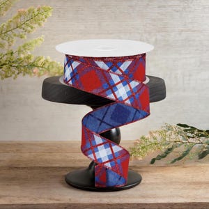 1.5in Glitter Plaid Royal Ribbon: Royal Blue, Red & White (10 Yards)