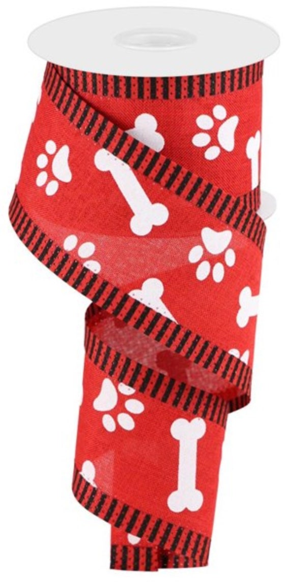 2.5 Paw Print Polka Dot Ribbon: Red & Black (10 Yards)