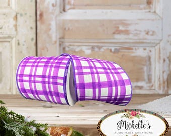 4in Tuttola Watercolor Plaid Ribbon: Purple (10 Yards)