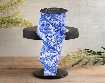 2.5" Chinoiserie Floral Ribbon: Blue (10 Yards)