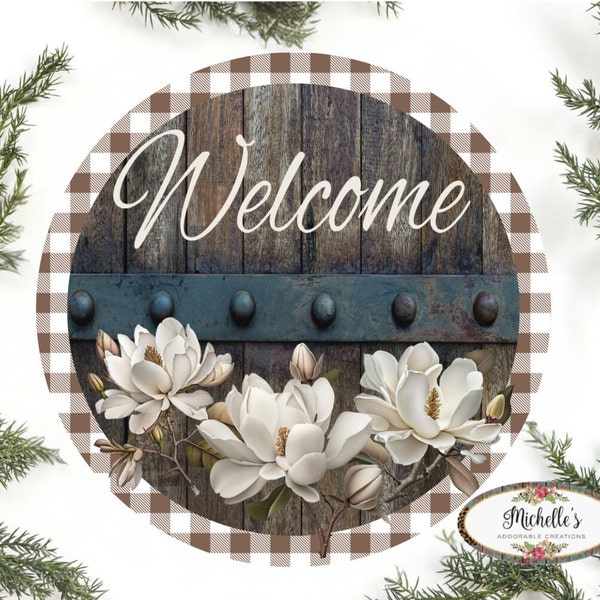 Magnolia Welcome Wood Round Sign - Wreath Enhancement