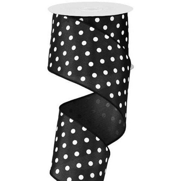 2.5in Black Mini White Polka Dots Ribbon (10 Yards)