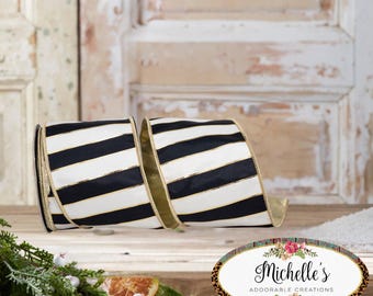 4in Striped Metallic Back Ribbon: Black/Gold (10 Yards)