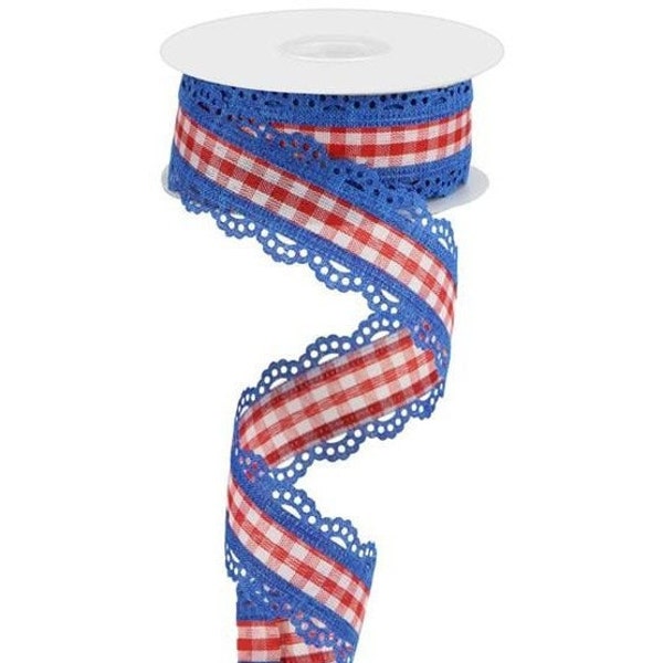 1.5in Scalloped Edge Gingham Ribbon: Red, White & Blue (10 Yard)