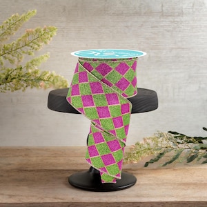 2.5in Glitter Harlequin Ribbon: Pink/Lime (10 Yards)