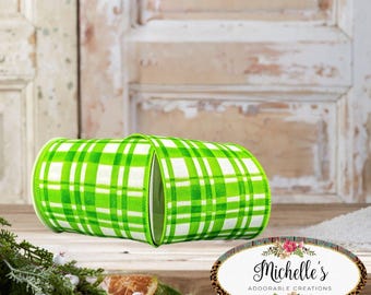 4in Tuttola Watercolor Plaid Ribbon: Green (10 Yards)