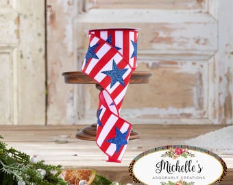 2.5in Bold Glitter Star Striped Ribbon: Patriotic (10 Yards)
