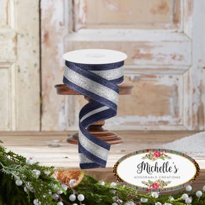 1,5 cala wstążka Shimmer Glitter Stripe: srebrny/granatowy (10 jardów)