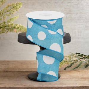 2.5in Faux Burlap Giant Polka Dot Ribbon: Light Blue & White (10 Yards)