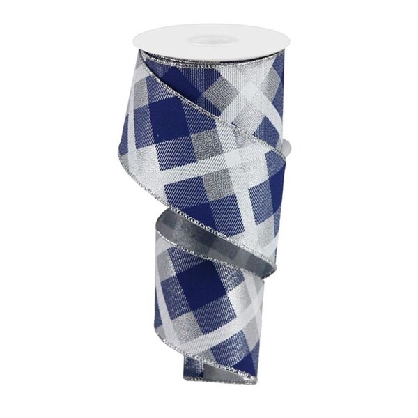 2.5in Printed Plaid Metallic Ribbon: Silver, Navy, White (10 Yards)