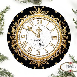 May include: A round clock with a black background and gold accents. The clock face is white with Roman numerals and the words "Happy New Year." The clock is surrounded by decorative gold filigree.