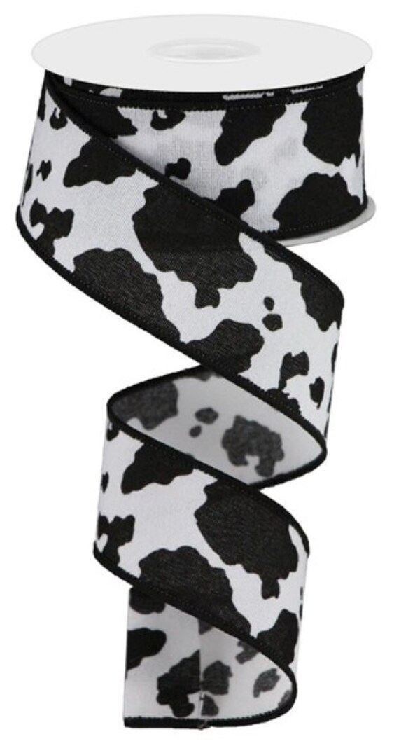 Cow pattern ribbon printed in black and white on 1.5 white single face  satin, 10 yards