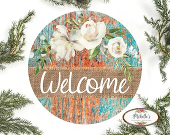 Welcome Round Floral Rustic Sign - Wreath Enhancement