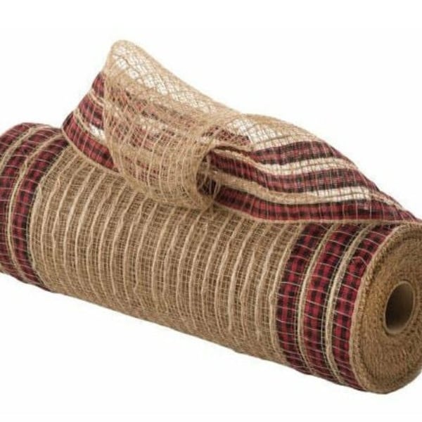 10in Patterned Edge Mesh: Natural Jute & Red Buffalo Plaid (10 Yards)