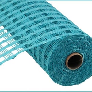 May include: A roll of turquoise blue deco mesh with a grid pattern. The mesh is rolled up and tied with a brown ribbon.