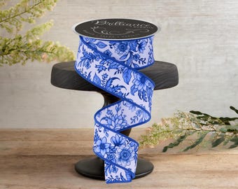 1.5" Chinoiserie Floral Ribbon: Blue (10 Yards)